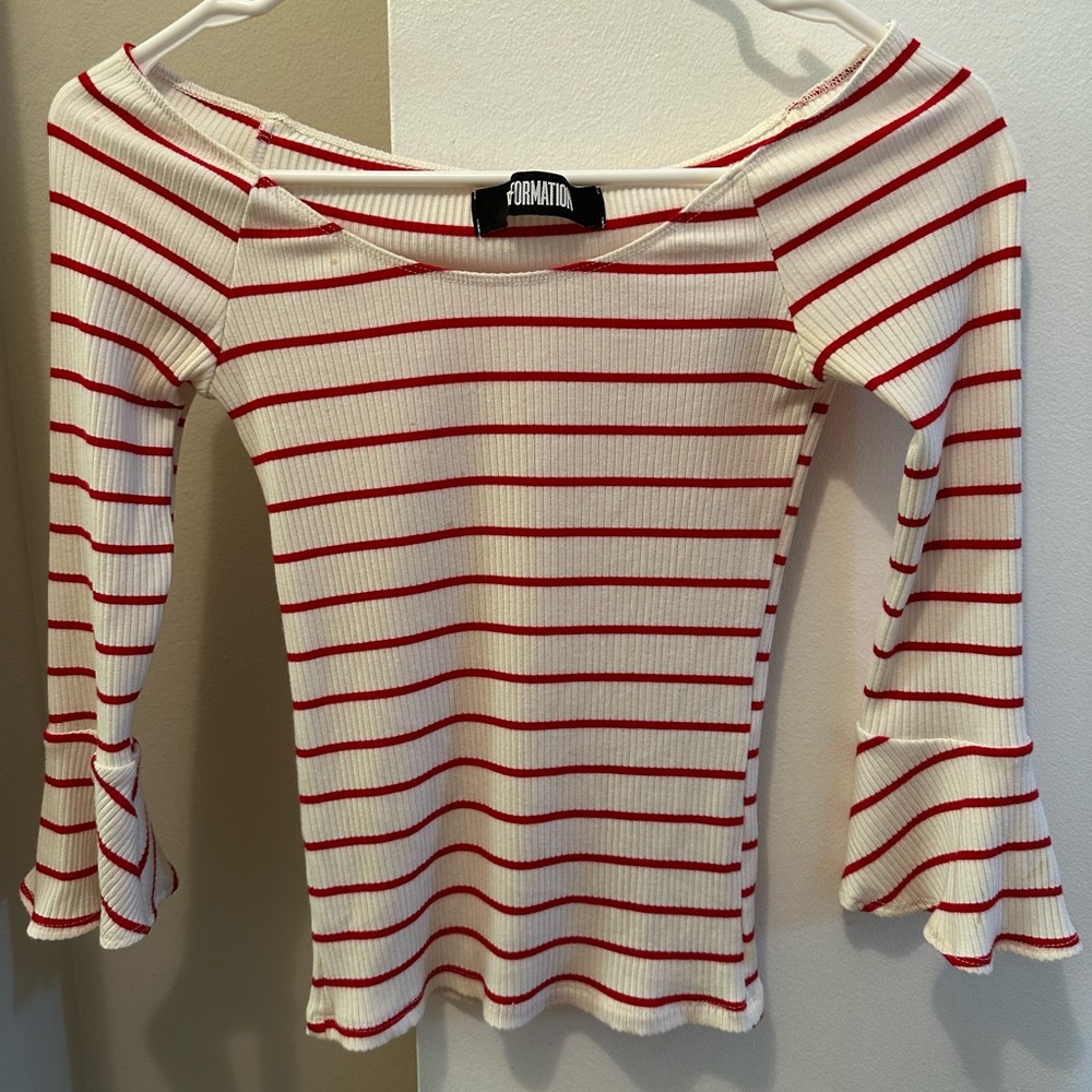 Reformation Red White Stripe Ribbed off the shoulder bell sleeve top, XS